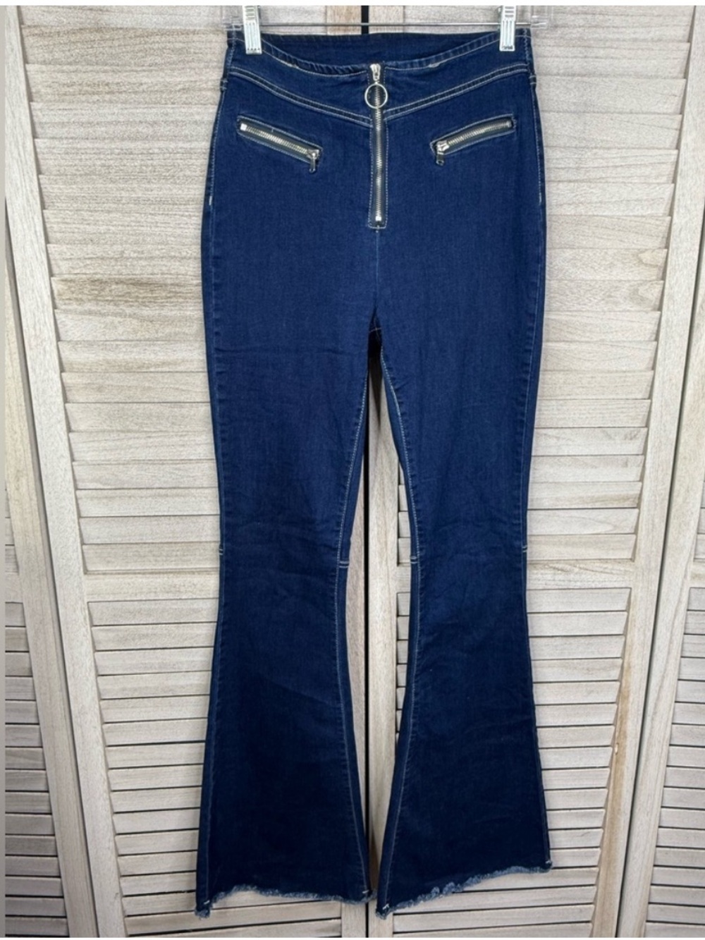 SHEIN High Rise Flare Leg Stretch Jeans Dark Wash Pull Ring Zip Front-6